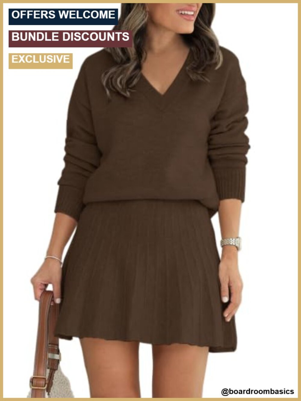 Women's 2 Piece Sweater Skirt Set Long Sleeve Knit Pleated Mini Skirt